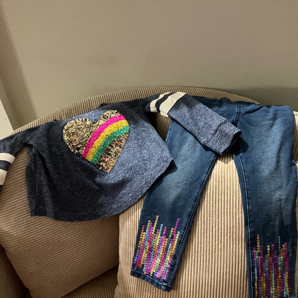 Sequin Heart Top and Jeans Set